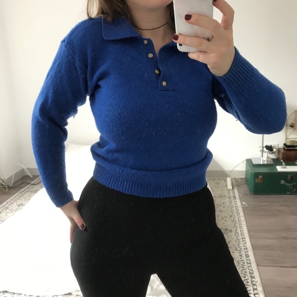 Vintage Sweaters - Retro Blue 100% Wool Collar Sweater